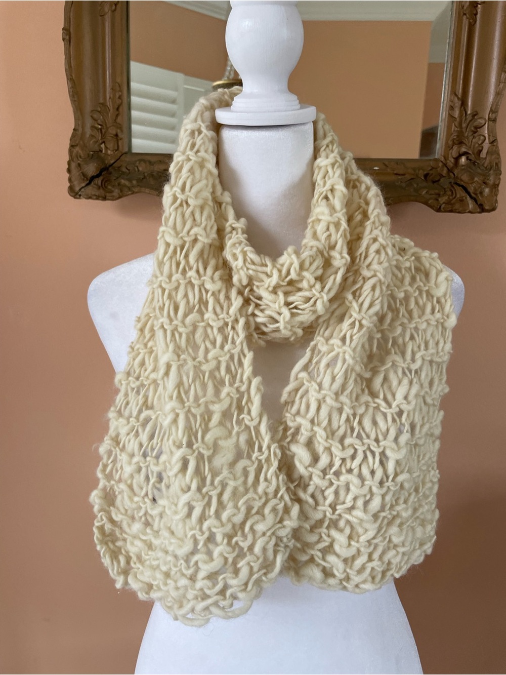 Handcrafted Acrylic Cream One of a Kind Knit Scarf. 7” x 54”